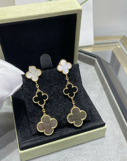 [⭐Corinne]CLOVER 3 MOTIF MOP ONYX DARK MOP PINK GOLD EARRINGS