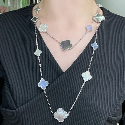[⭐Corinne]CLOVER 16 MOTIF CHALCEDONY MOP SILVER NECKLACE