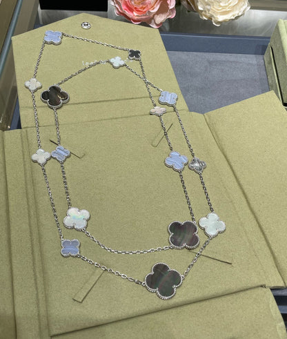 [⭐Corinne]CLOVER 16 MOTIF CHALCEDONY MOP SILVER NECKLACE