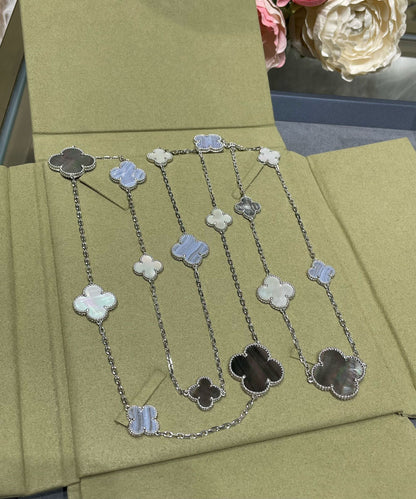 [⭐Corinne]CLOVER 16 MOTIF CHALCEDONY MOP SILVER NECKLACE