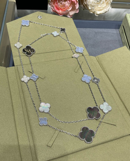 [⭐Corinne]CLOVER 16 MOTIF CHALCEDONY MOP SILVER NECKLACE