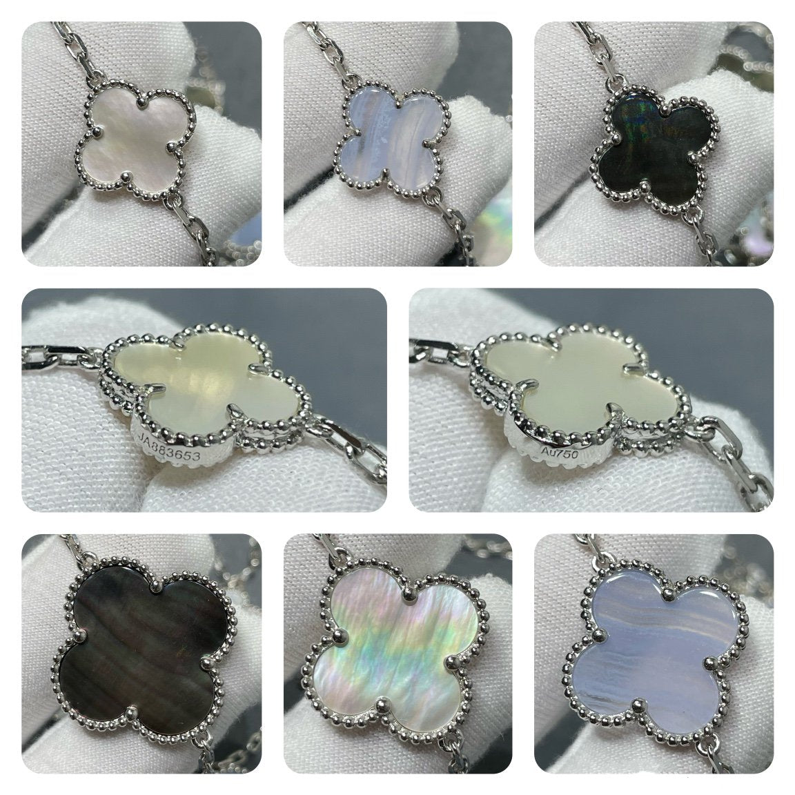 [⭐Corinne]CLOVER 16 MOTIF CHALCEDONY MOP SILVER NECKLACE
