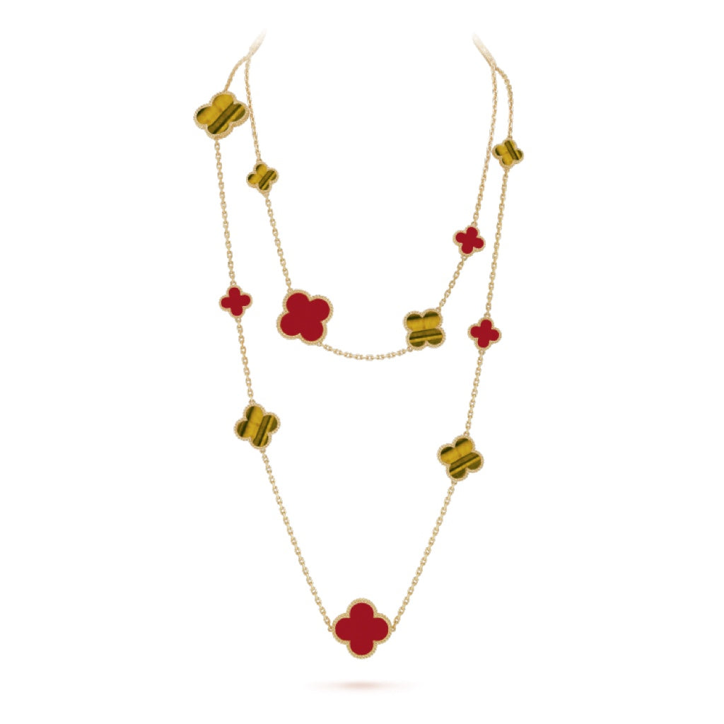 [⭐Corinne]CLOVER 16 MOTIF CARNELIAN TIGER EYE ROSE GOLD NECKLACE
