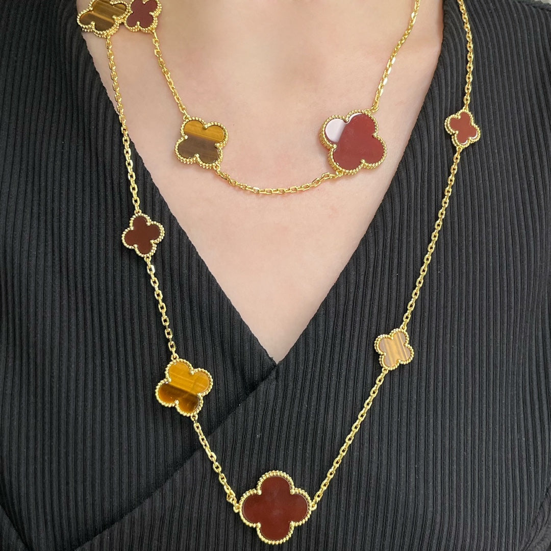 [⭐Corinne]CLOVER 16 MOTIF CARNELIAN TIGER EYE ROSE GOLD NECKLACE
