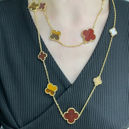 [⭐Corinne]CLOVER 16 MOTIF CARNELIAN TIGER EYE ROSE GOLD NECKLACE