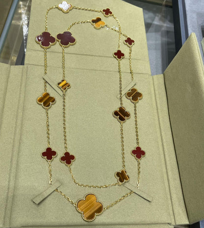 [⭐Corinne]CLOVER 16 MOTIF CARNELIAN TIGER EYE ROSE GOLD NECKLACE