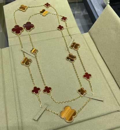 [⭐Corinne]CLOVER 16 MOTIF CARNELIAN TIGER EYE ROSE GOLD NECKLACE