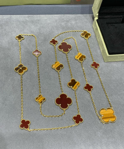 [⭐Corinne]CLOVER 16 MOTIF CARNELIAN TIGER EYE ROSE GOLD NECKLACE
