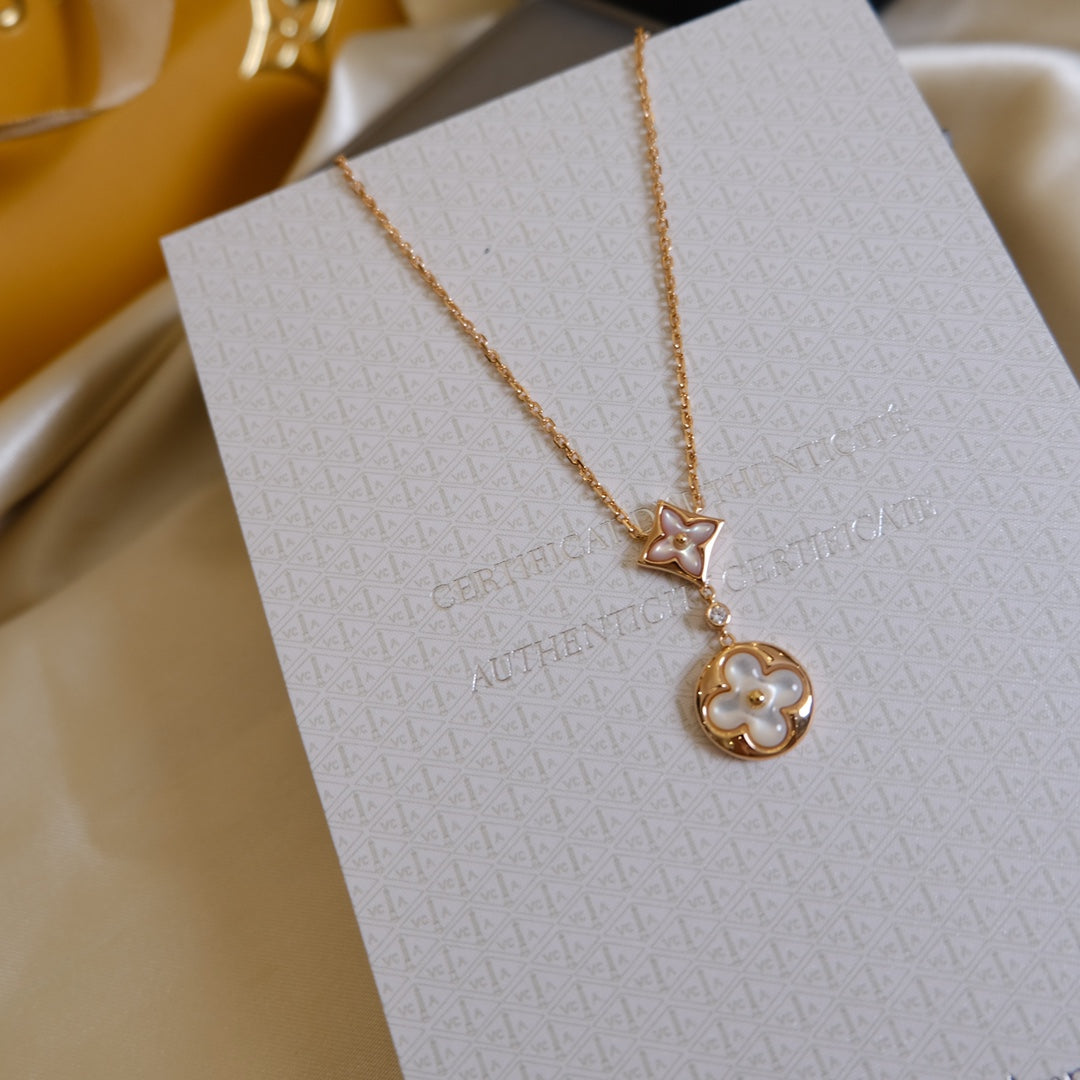 [⭐Corinne]STAR AND SUN WHITE MOP 2 MOTIF PINK GOLD NECKLACE