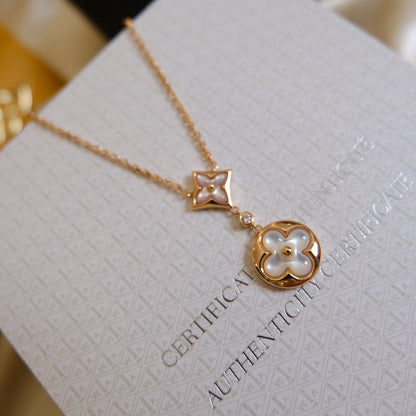 [⭐Corinne]STAR AND SUN WHITE MOP 2 MOTIF PINK GOLD NECKLACE