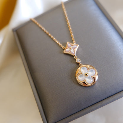 [⭐Corinne]STAR AND SUN WHITE MOP 2 MOTIF PINK GOLD NECKLACE