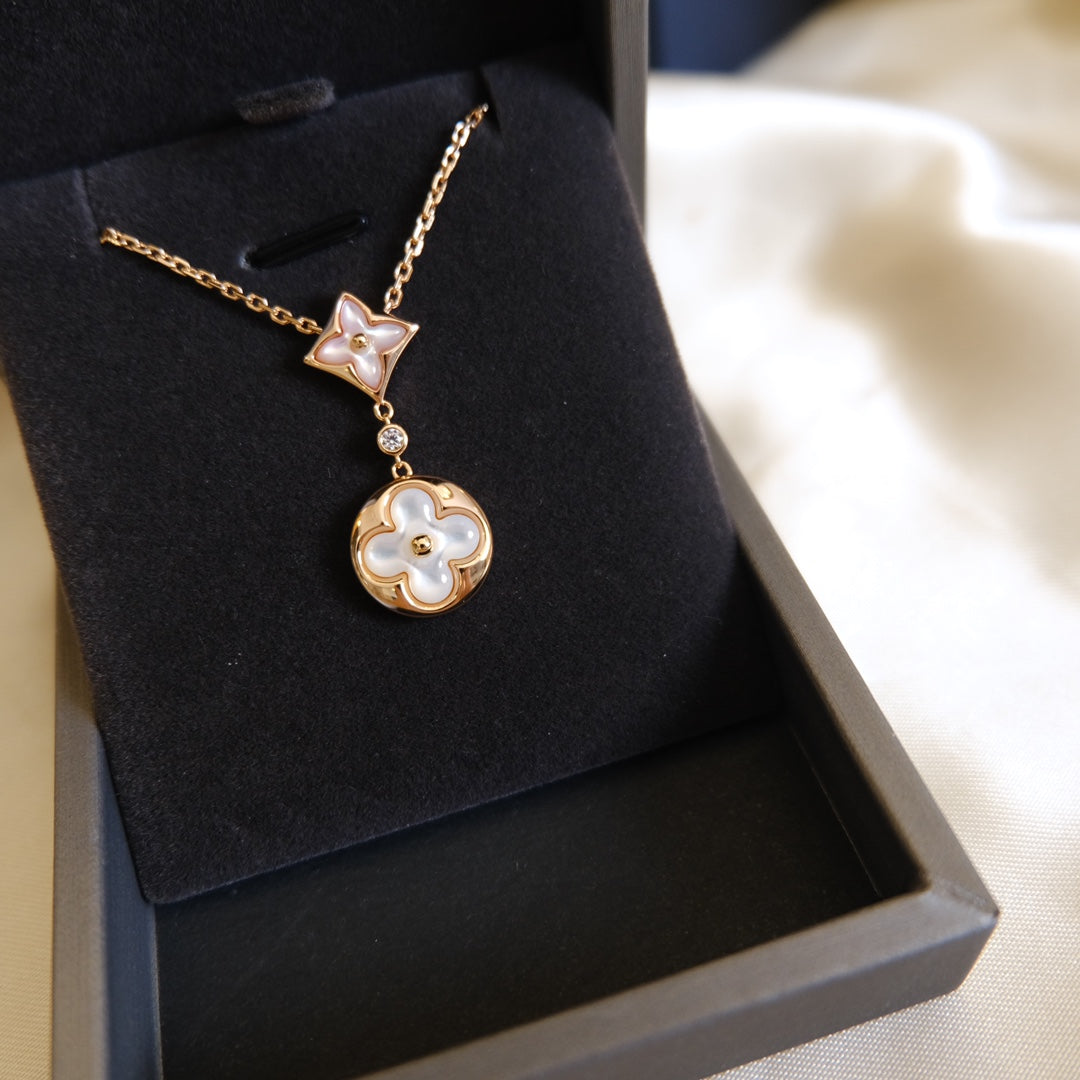 [⭐Corinne]STAR AND SUN WHITE MOP 2 MOTIF PINK GOLD NECKLACE