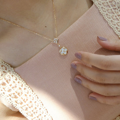 [⭐Corinne]STAR AND SUN WHITE MOP 2 MOTIF PINK GOLD NECKLACE
