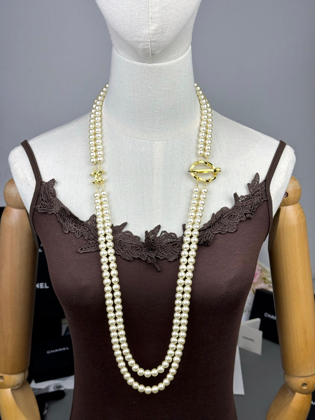 [⭐Corinne]25K Pencil Double C Double-Layer Pearl Sweater Chain