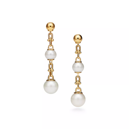 [Corinne]TRIPLE DROP LINK EARRINGS GOLD WITH FRESHWATER PEARLS