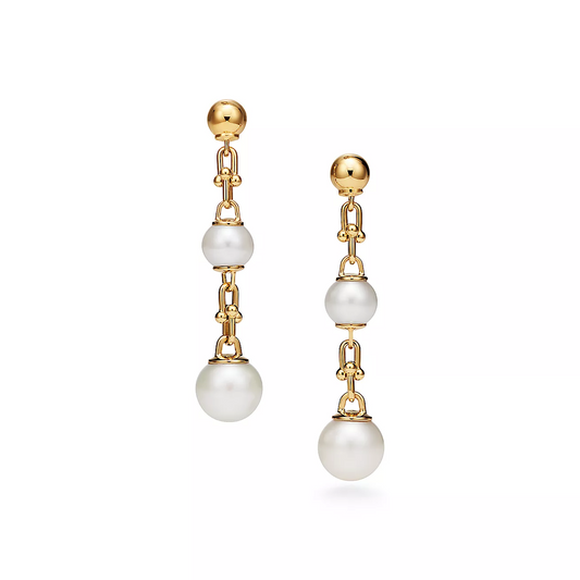 [Corinne]TRIPLE DROP LINK EARRINGS GOLD WITH FRESHWATER PEARLS