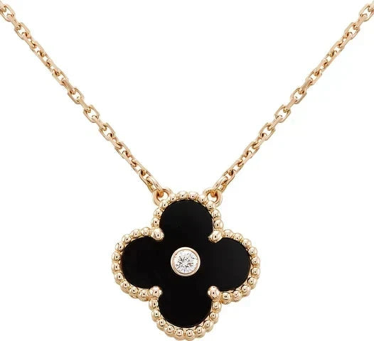 [⭐Corinne]CLOVER 15MM DIAMOND ONYX NECKLACE