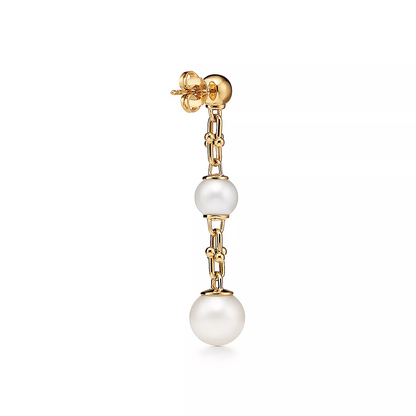 [Corinne]TRIPLE DROP LINK EARRINGS GOLD WITH FRESHWATER PEARLS