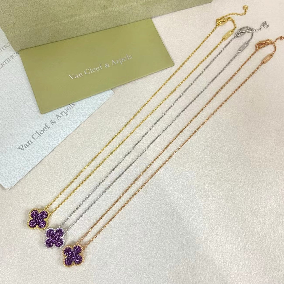 [⭐Corinne]NEW 15MM PURPLE SAND-GOLD FOUR-LEAF CLOVER NECKLACE