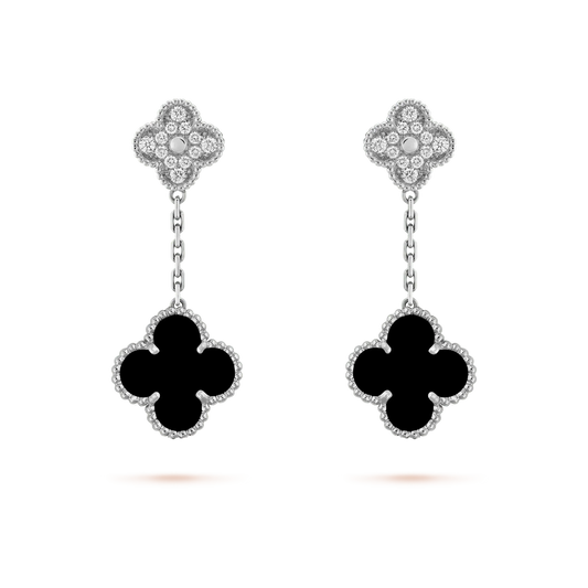 [⭐Corinne]CLOVER 2 MOTIFS  DIAMOND ONYX EARRINGS SILVER