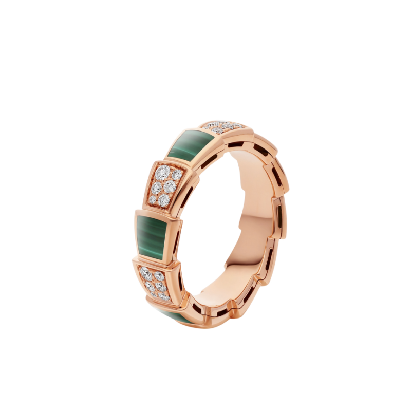 [⭐Corinne]SERPENTI RING PINK GOLD MALACHITE DIAMOND PAVED 4MM