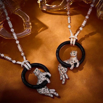 [⭐Corinne jewelrys]NEW BLACK CIRCLE PANTHER FULL DIAMOND NECKLACE