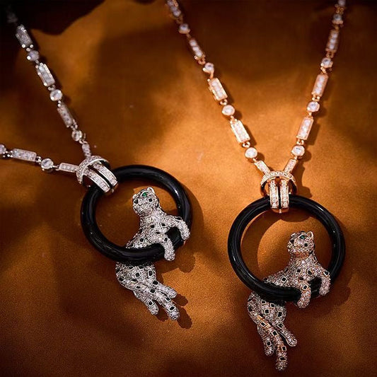 [⭐Corinne jewelrys]NEW BLACK CIRCLE PANTHER FULL DIAMOND NECKLACE