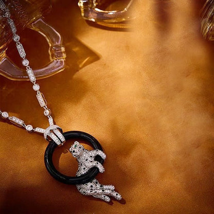 [⭐Corinne jewelrys]NEW BLACK CIRCLE PANTHER FULL DIAMOND NECKLACE