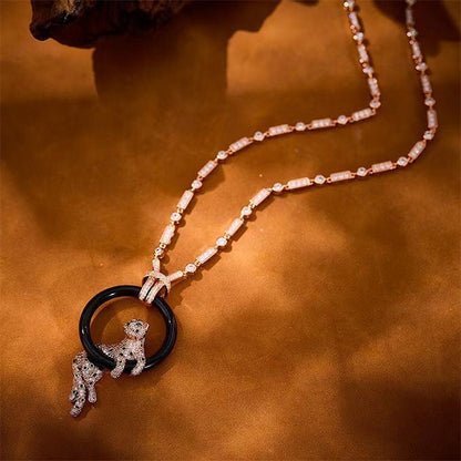 [⭐Corinne jewelrys]NEW BLACK CIRCLE PANTHER FULL DIAMOND NECKLACE
