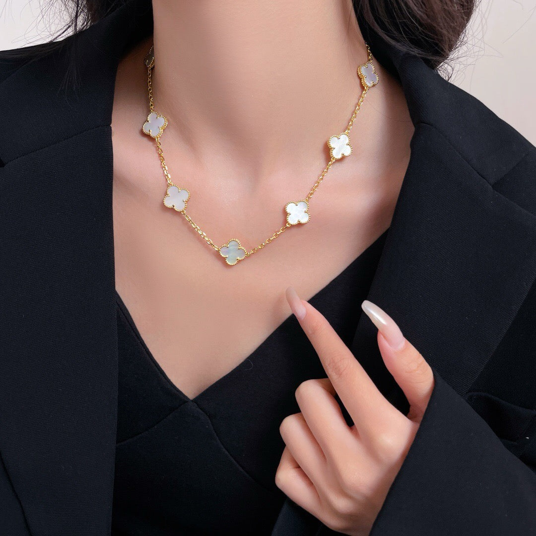 [⭐Corinne]CLOVER 10 MOTIFS WHITE MOTHER OF PEARL NECKLACE