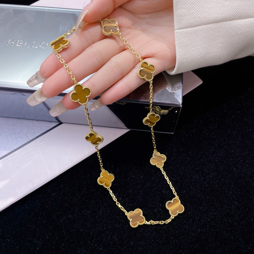 [⭐Corinne]CLOVER 10 MOTIFS TIGER EYE NECKLACE