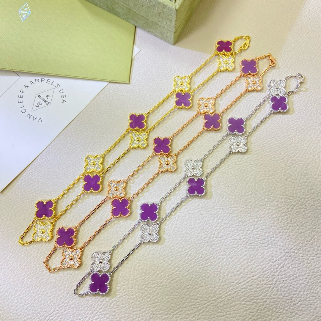 [⭐Corinne Jewelry]CLOVER 10 MOTIFS  PURPLE VIOLET DIAMOND NECKLACE
