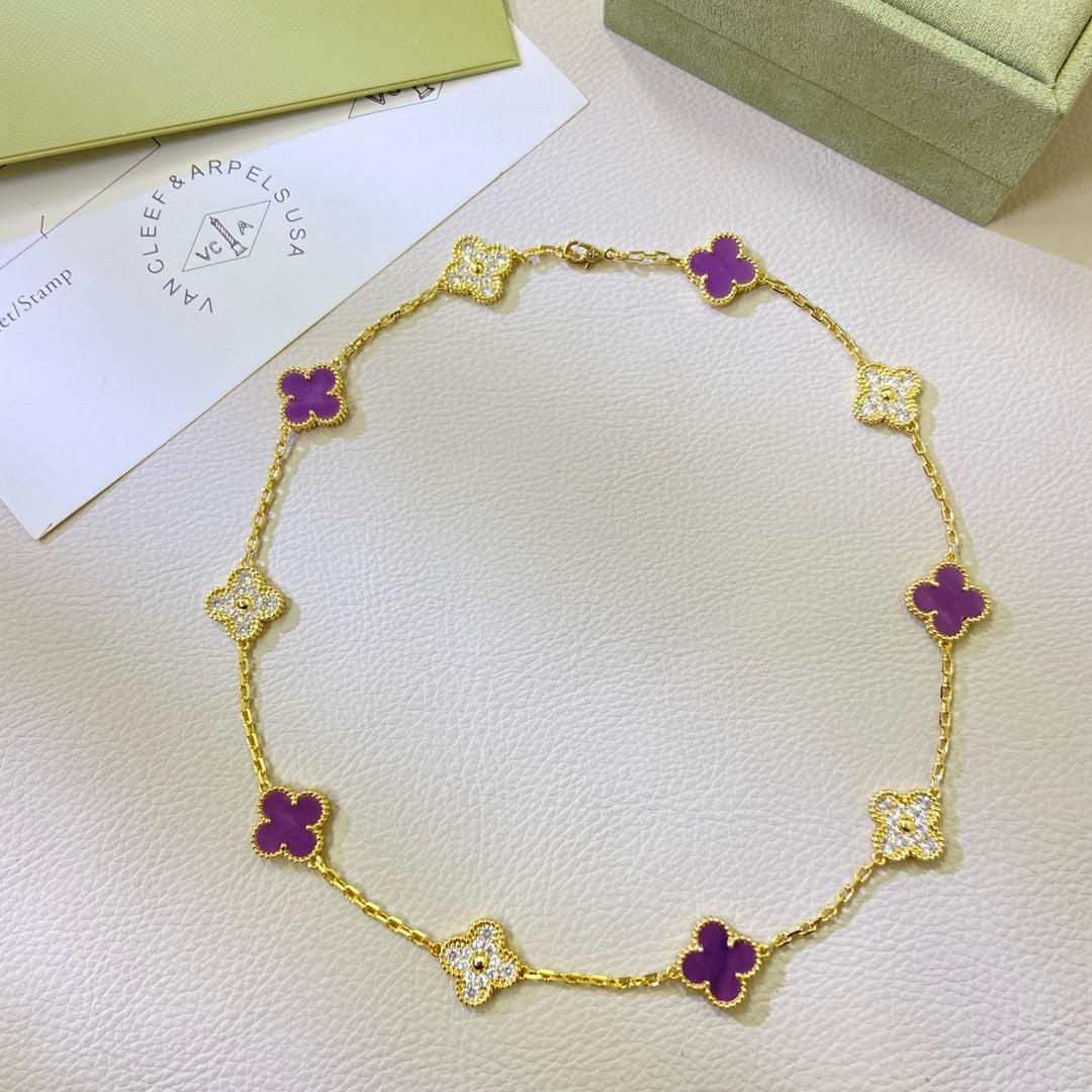 [⭐Corinne Jewelry]CLOVER 10 MOTIFS  PURPLE VIOLET DIAMOND NECKLACE