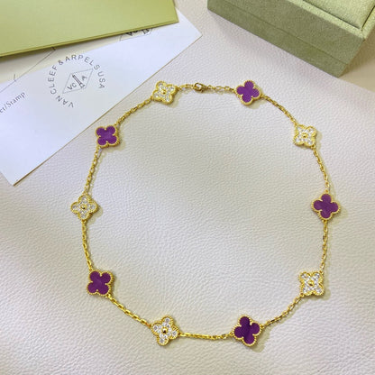 [⭐Corinne Jewelry]CLOVER 10 MOTIFS  PURPLE VIOLET DIAMOND NECKLACE