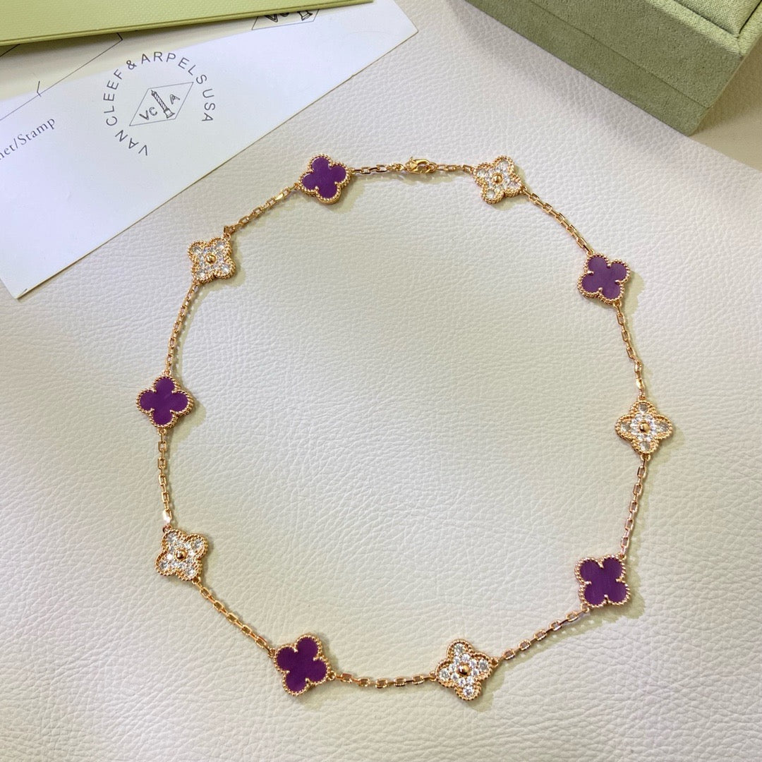 [⭐Corinne Jewelry]CLOVER 10 MOTIFS  PURPLE VIOLET DIAMOND NECKLACE