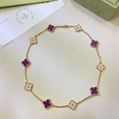 [⭐Corinne Jewelry]CLOVER 10 MOTIFS  PURPLE VIOLET DIAMOND NECKLACE