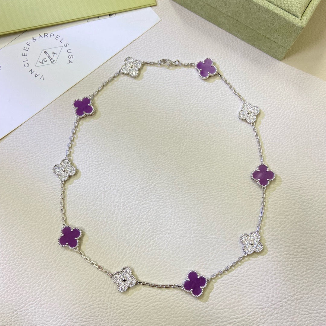 [⭐Corinne Jewelry]CLOVER 10 MOTIFS  PURPLE VIOLET DIAMOND NECKLACE