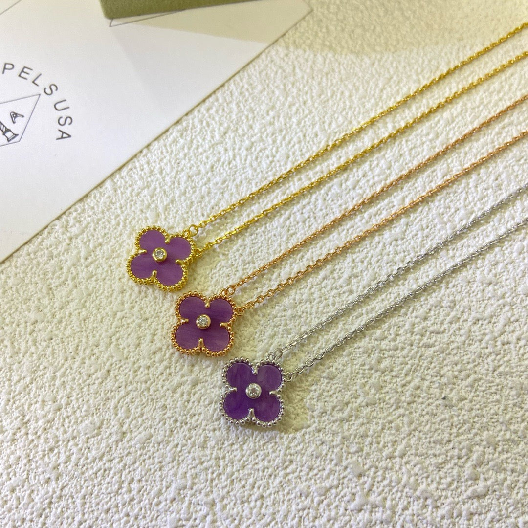 [⭐Corinne Jewelry]CLOVER 15MM DIAMOND  PURPLE VIOLET NECKLACE
