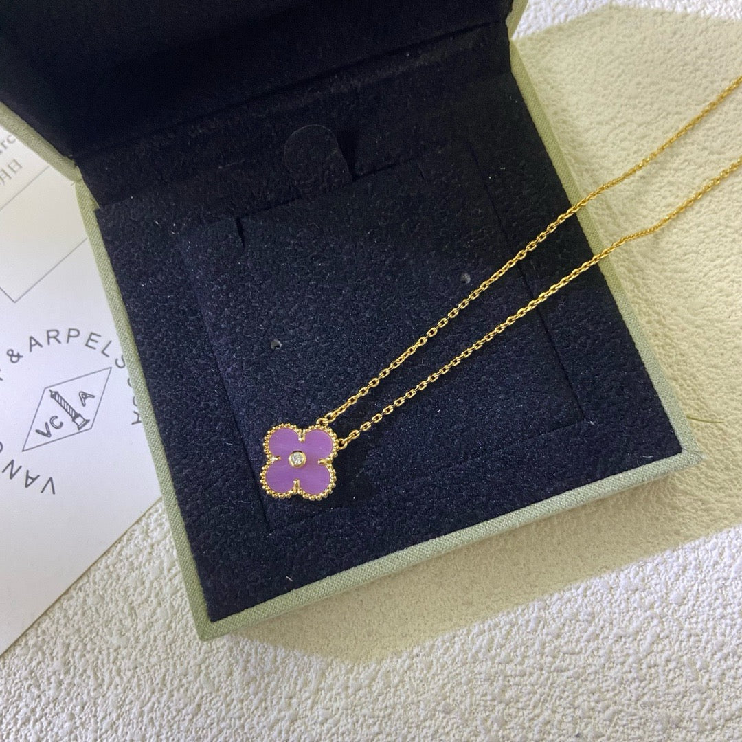[⭐Corinne Jewelry]CLOVER 15MM DIAMOND  PURPLE VIOLET NECKLACE