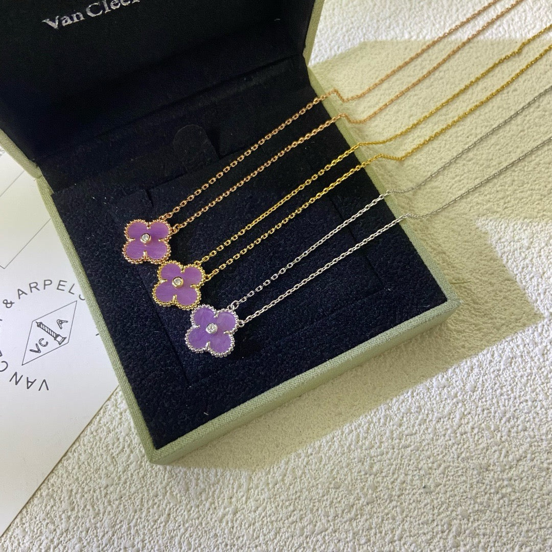 [⭐Corinne Jewelry]CLOVER 15MM DIAMOND  PURPLE VIOLET NECKLACE
