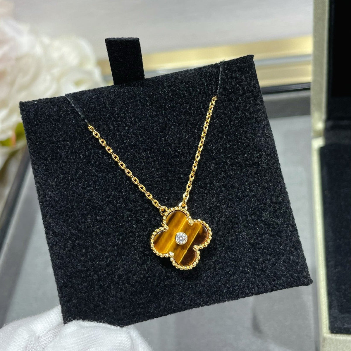 [⭐Corinne]CLOVER 15MM DIAMOND AND YELLOW TIGER'S EYE AGATE necklace