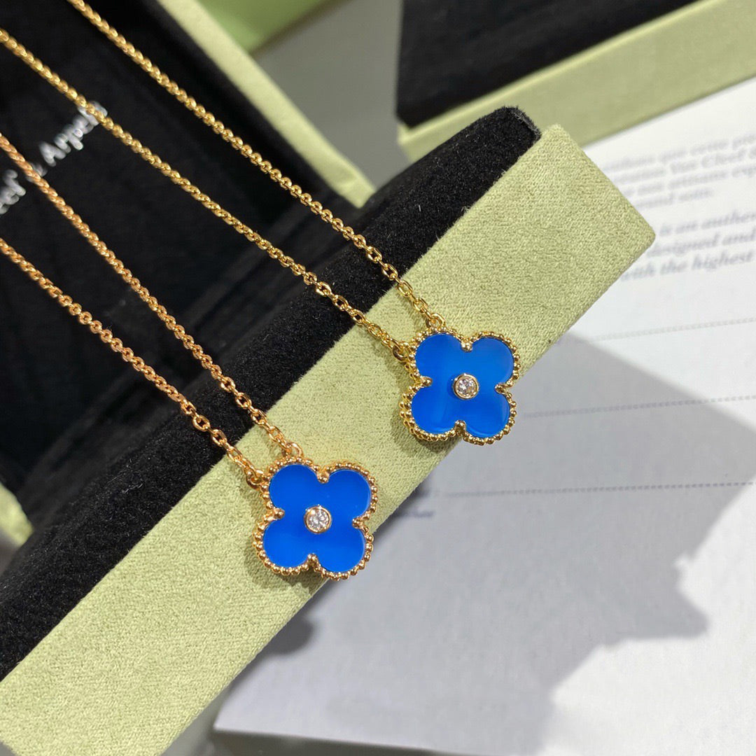 [⭐Corinne]CLOVER 15MM DIAMOND AND BLUE AGATE NECKLACE