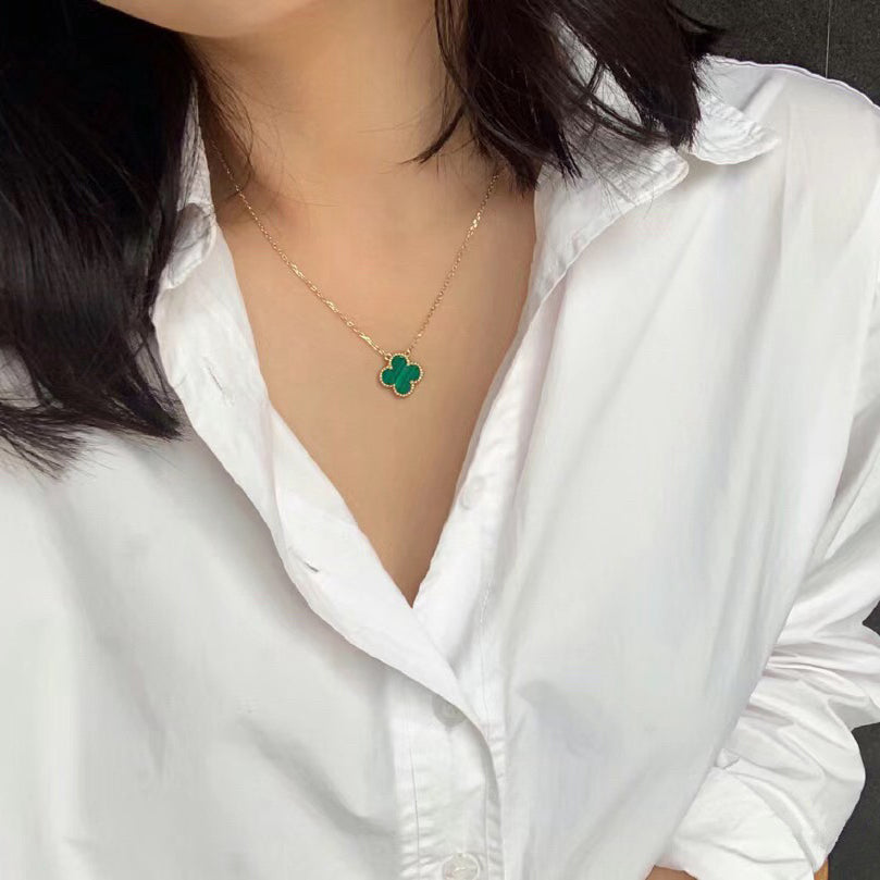 [⭐Corinne]CLOVER 15MM MALACHITE SINGLE FLOWER  NECKLACE
