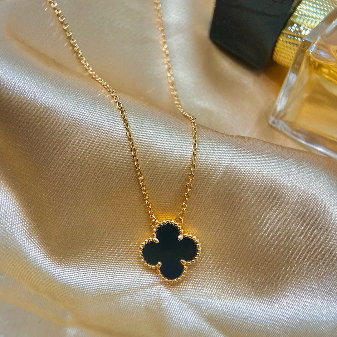 [⭐Corinne]CLOVER 15MM BLACK ONYX SINGLE FLOWER NECKLACE