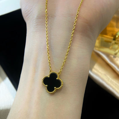 [⭐Corinne]CLOVER 15MM BLACK ONYX SINGLE FLOWER NECKLACE