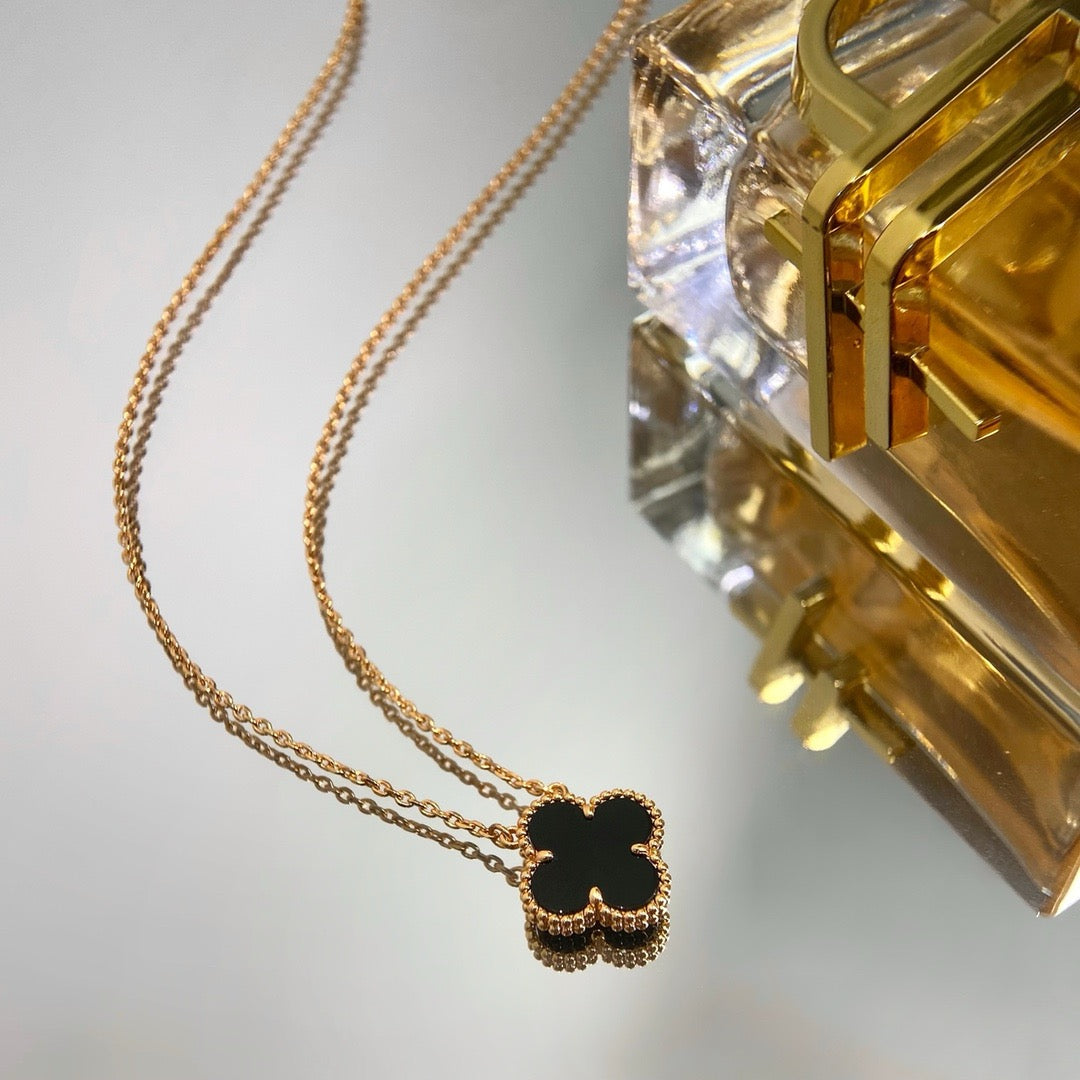 [⭐Corinne]CLOVER 15MM BLACK ONYX SINGLE FLOWER NECKLACE
