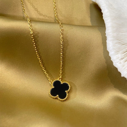 [⭐Corinne]CLOVER 15MM BLACK ONYX SINGLE FLOWER NECKLACE