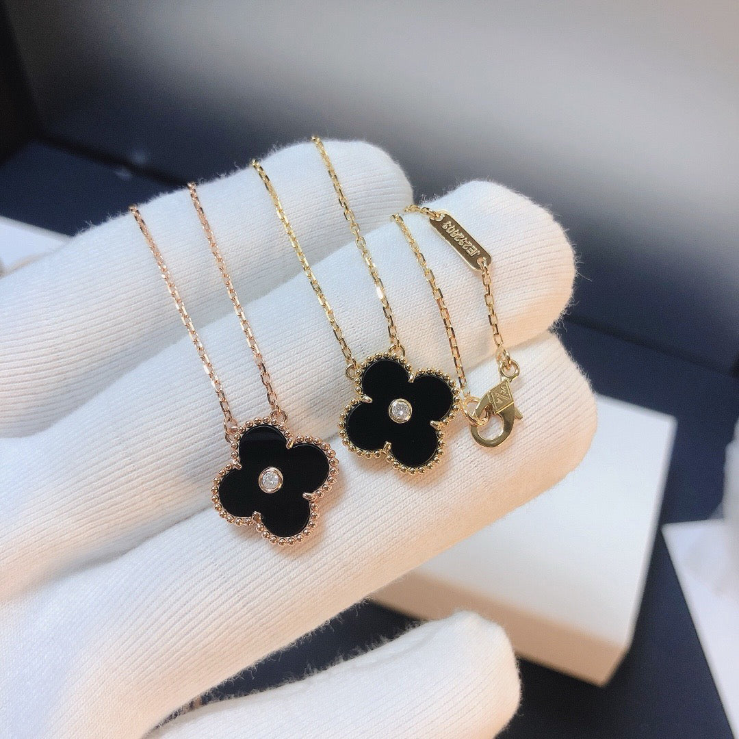 [⭐Corinne]CLOVER 15MM DIAMOND ONYX NECKLACE