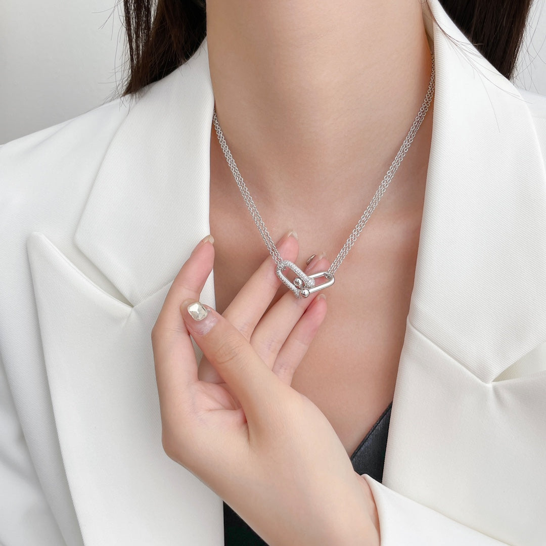 [Corinne]HARDWEAR DIAMOND PEDANT DOUBLE CHAIN NECKLACE
