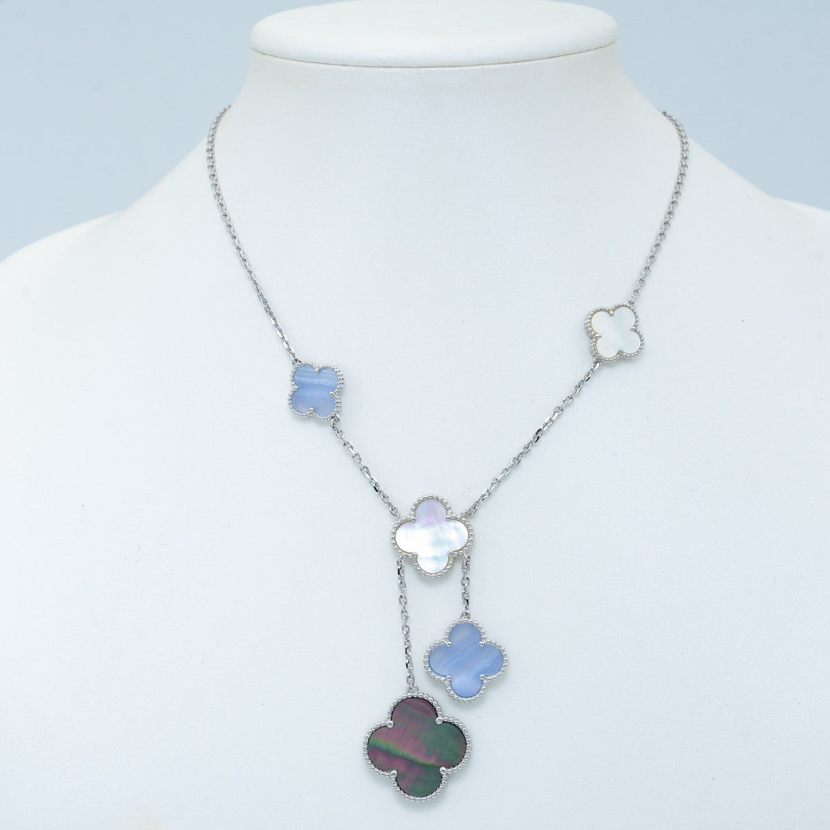 [⭐Corinne]CLOVER MOP CHALCEDONY NECKLACE SILVER 6 MOTIF